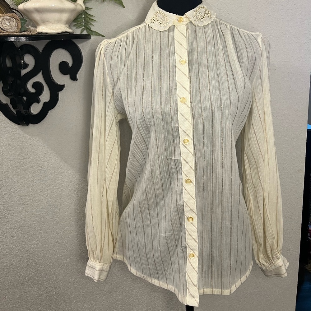 George Yazbek‎ for Gordon Peters Cream Button Up Eyelet Embroidery Collar Blouse - Picture 15 of 15